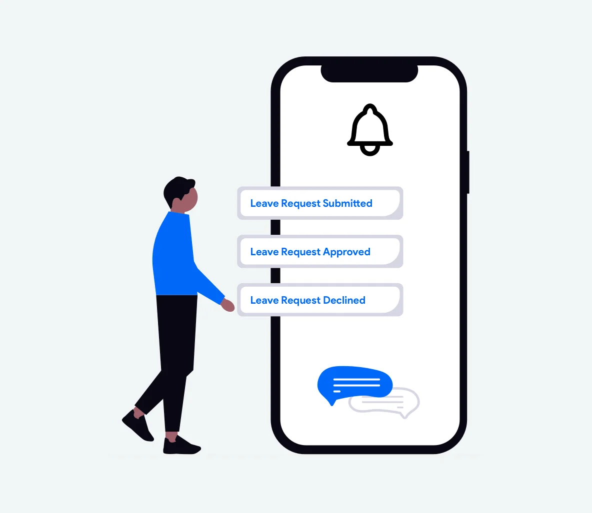Mobile app interface showing instant employee leave request push notifications