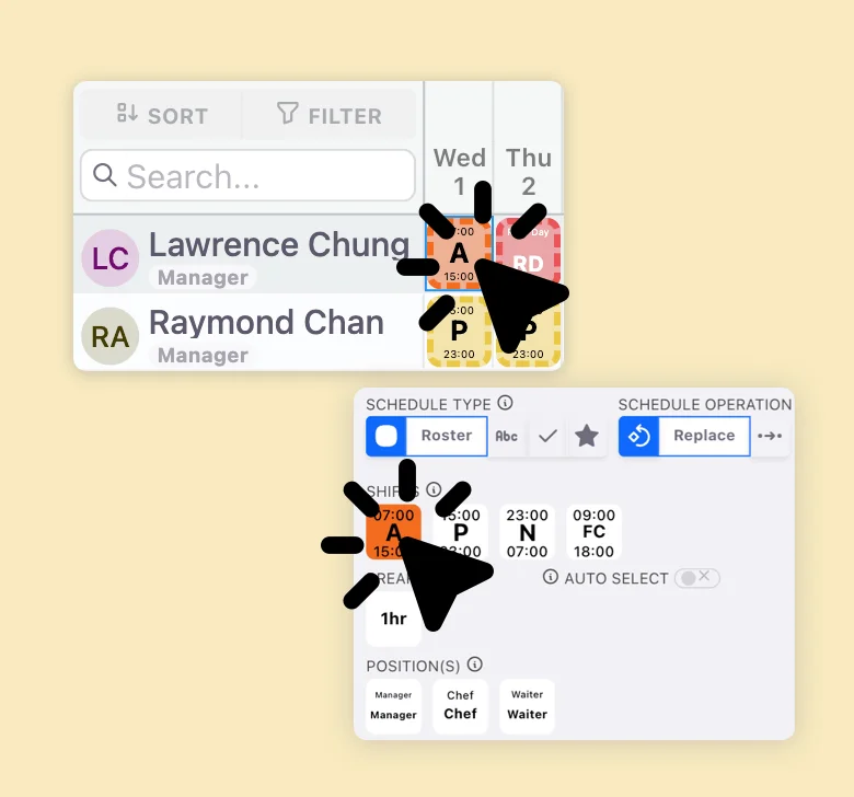 Online employee shift grid interface presenting paintbrush style interactive scheduling control panel