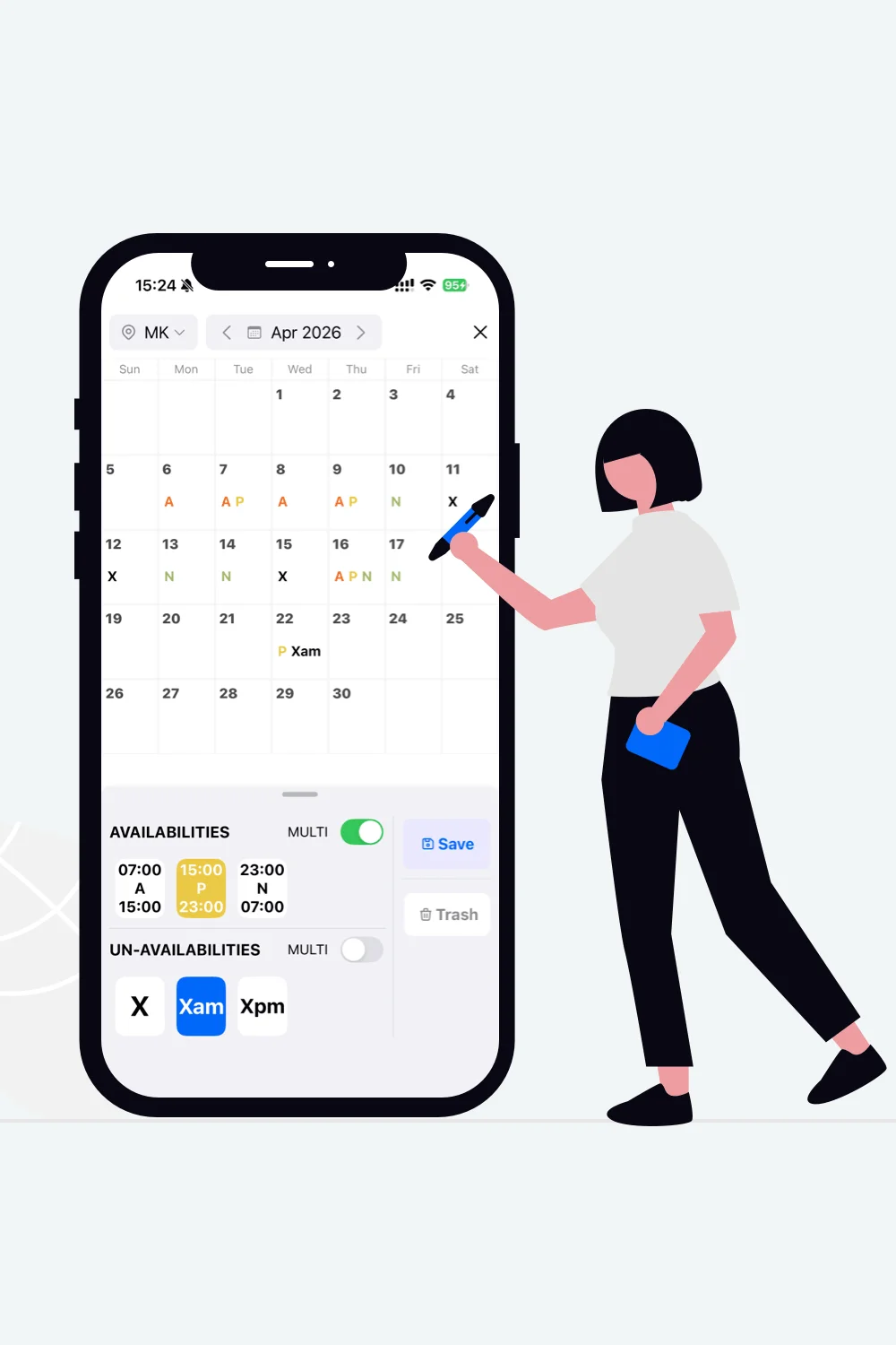 Mobile app view capturing staff availability preferences using collaborative shift planning platform